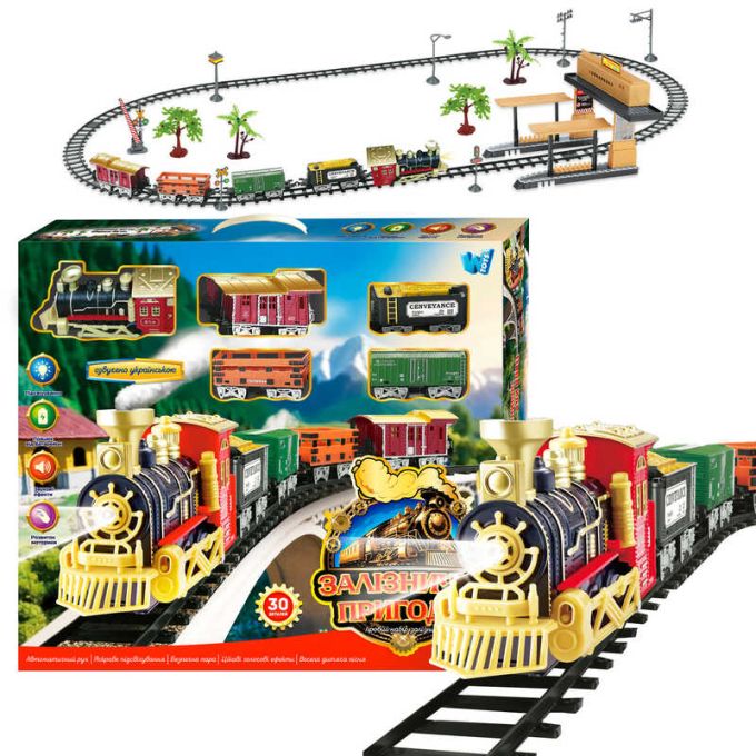 Залізничні пригоди 36988 (10) "WToys", ОЗВУЧУВАННЯ УКРАЇНСЬКОЮ МОВОЮ, 30 деталей, підсвічування, пісня, парогенератор, автоматичний рух, 4 вагони, декорації, платформа, в коробці