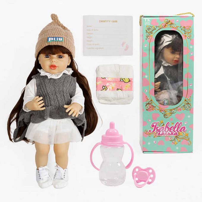 Лялька QM 120 / QM 24120 (12) "TK Group", висота: 50 см, гумова, імітація скляних очей, пустушка, пляшечка, памперс, шкарпетки, прикраса для волосся, в коробці