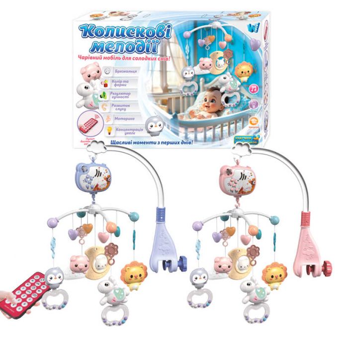 Карусель 34608 (24) "WToys", 2 види, ОЗВУЧУВАННЯ УКРАЇНСЬКОЮ МОВОЮ, 5 підвісок-брязкалець, гумові елементи, обертання, підсвічування, таймер, регулювання гучності, мелодії, колискові, проєкція, пульт, в коробці, ВИДАЄТЬСЯ МІКС ВИДІВ