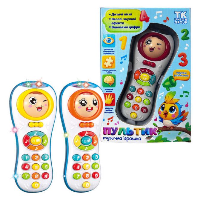 Пульт 15907 (120) "TK Group", ОЗВУЧУВАННЯ УКРАЇНСЬКОЮ МОВОЮ, розмір: 7х4х16 см, цифри, 4 пісні, казка, підсвічування, брязкаючий елемент, обличчя обертається та має 2 вирази, в коробці