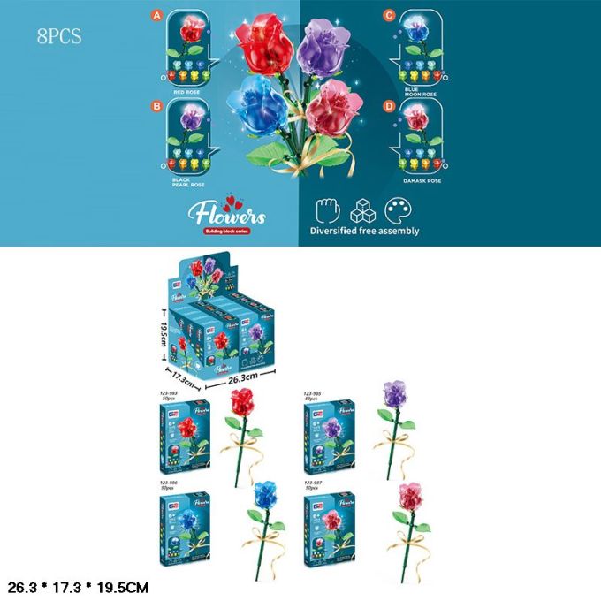 Конструктор арт. 123-983/985/986/987 (192шт/2) 504дет., 4види, Flowers, 8шт у дисплей боксі 26,3*17,3*19,5см