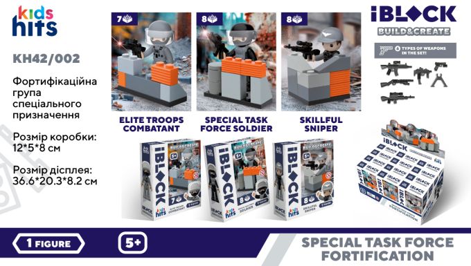 Конструктор Kids hits IBLOCK JUNIOR арт. KH42/002/1/2/6 (72шт)  3вида, 12шт/диспл. боксі,7дет.+ набір зброї,р-р кор 10*8*3см,ціна за шт/диспл. боксі 25*13*10,5 см