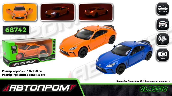 Машина мет. АВТОПРОМ арт. 68742 (48шт/2) 2 кольори  1:28 Toyota GR86, батар,світло,звук,відкр.двері,кор. 18*9*8см