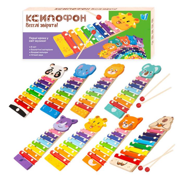 Ксилофон 35692 (36) "WToys", “Тварини”, дерев’яний, 8 нот, молоточки, в коробці,