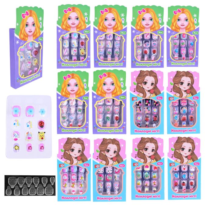 Аксесуари для дівчат арт. CN-112/( CN-107)  (480шт) накладні нігті, 3Д (з обьемним малюнком), мікс видів, кратність 12 шт, ціна за 1 шт, короб. 11*7см