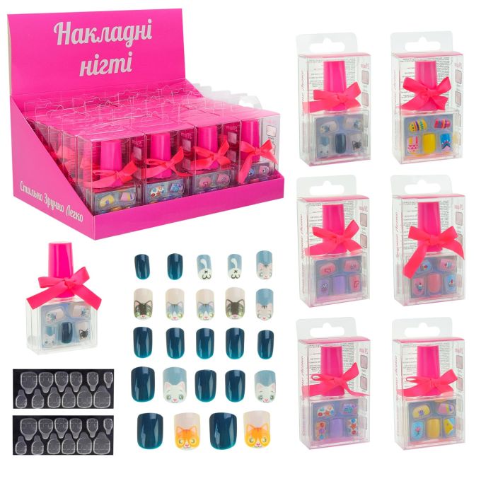 Аксесуари для дівчат арт. PL-524-003 (144шт)   Накладні нігті, мікс 6 видів, на клейовій основі, 24 шт в упаковці, 6 д.б*24 шт дисп.бокс. 5*8*3см