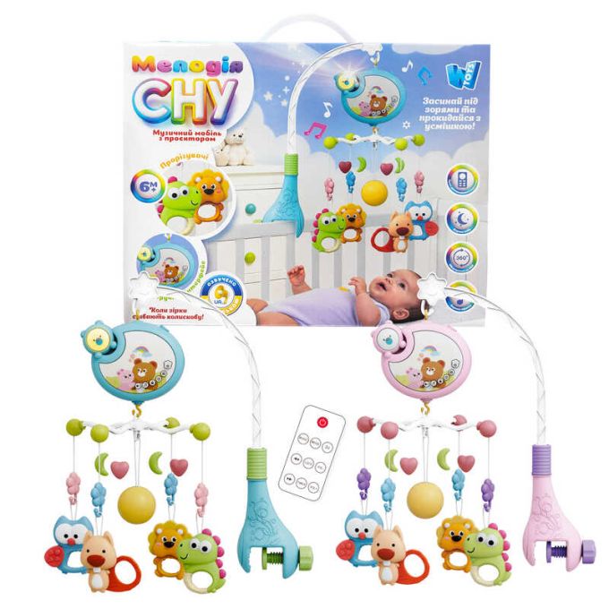 Карусель 46666 (36) 2 види, "WToys", ОЗВУЧУВАННЯ УКРАЇНСЬКОЮ МОВОЮ, пульт, брязкальця-підвіски, гумові прорізувачі, колискові пісні, проєкція, підсвічування, оберти, регулювання гучності, таймер, в коробці, ВИДАЄТЬСЯ МІКС ВИДІВ